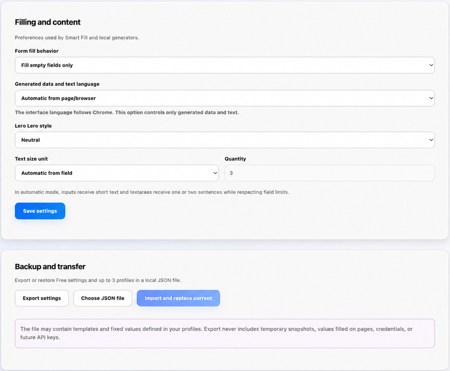Configurações do Lero Lero – Form Filler
